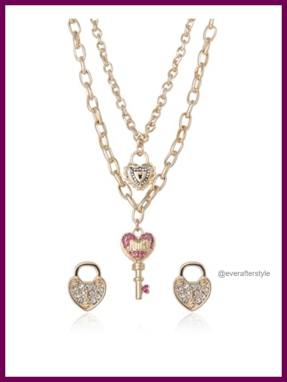 Juicy Couture Layered Heart Key Necklace Set w/ Stud Earrings